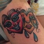 Love heart theatre mask tattoos by Tanner Ramsey #TannerRamsey #theatremasks #drama #theatre #masks #dramamasks (Photo: Instagram)