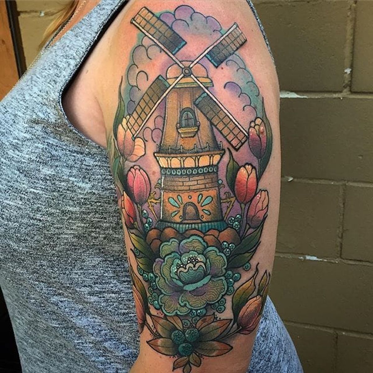 Tattoo Uploaded By Stacie Mayer • Windmill And Flowers Tattoo By Sydney