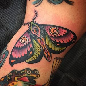 Scott Garitson (IG—scottgaritsontattoo) makes beautiful one-eyed moth tattoos. #moth #ScottGaritson #surreal #traditional #vibrant