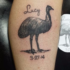 Blackwork emu tattoo with a child's name and birthdate. Tattoo by Zach Strouse. #emu #Australia #Australiananimal #Australianfauna #blackwork #ZachStrouse