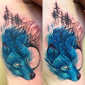 Amazing blue wolf tattoo design by Liisa Addi #wolf #bluewolf #forest #animal #wolftattoo #watercolor #LiisaAddi