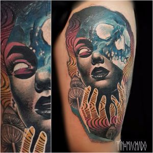 Texturas #TinMachado #gringo #graphic #grafico #neotraditional #colagem #collage #mulher #woman #skull #caveira #cranio #cogumelo #mushroom #mao #hand