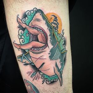 Shark Tattoo by Adam Knowles #shark #sharktattoo #neotraditionalshark #neotraditional #neotraditionaltattoo #neotraditionalartists #boldtattoos #neotrad #AdamKnowles