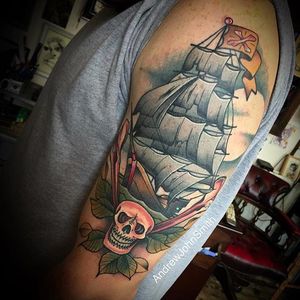 Sailing ship Tattoo by Andrew John Smith #AndrewJohnSmith #Neotraditional #skull #London #ship #Galleon