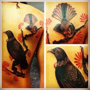 Minimal color tattoo #kiwiana #bird #birdtattoo #fantail #tui #Pohutukawa #newzealand