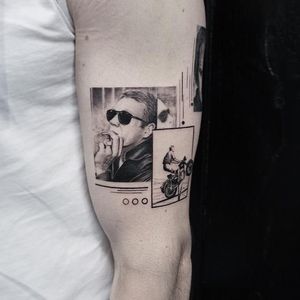 Steve McQueen tattoo by Eva Krbdk #evakrbdk #movietattoos #blackandgrey #linework #shapes #filmstill #SteveMcQueen #TheGreatEscape #Bullitt #portrait #actor #famous #classicfilm #motorcycle #cigarette