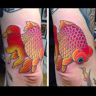 Tatuaje de pez dorado puro y vibrante de Horimatsu.  #Horimatsu #Estilo japonés #Tatuaje japonés #horimono #goldfish