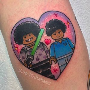 Lego couple Tattoo by Sam Whitehead @Samwhiteheadtattoos #Samwhiteheadtattoos #Colorful #Girly #Girlytattoo #Neotraditional  #Blindeyetattoocompany #Leeds #UK #Lego #legotattoo