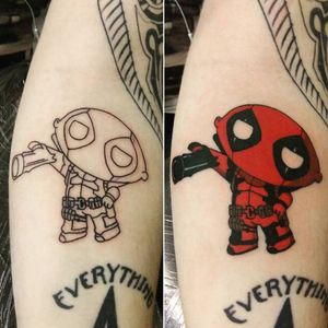 Deadpool Stewie Griffin tattoo by Courtney Chamberlain #Deadpool #StewieGriffin #CourtneyChamberlain #FamilyGuy #tvshow (Photo: Instagram)