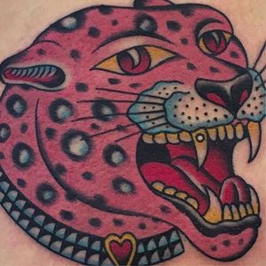 Pink Cheetah head tattoo by Gregory Whitehead @Greggletron #GregoryWhitehead #Gregorywhiteheadtattoo #Oddtattoos #Neotraditional #Neotraditionaltattoo #ScapegoatTattoo #Portland #Cattattoo