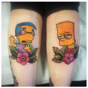 Partners in crime. Via Instagram @stickypop #MattDaniels #TheSimpsons #SimpsonsTattoo #Simpsons #Funny #Bart #Milhouse