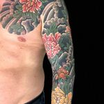 A sleeve full of peonies by Henning Jorgensen (IG—henning_royaltattoo). #botan #HenningJorgensen #Irezumi #Japanese #peony #traditional