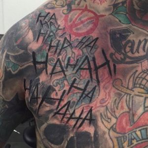 Blastover Joker script tattoo by Tyler Hill (Photo: Instagram) #TylerHill #TyHill #joker #suicidesquad