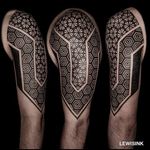 Symmetry half-sleeve. (via IG - lewisink) #geometric #blackwork #pointillism #dotwork #halfsleeve #lewisink