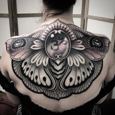 Backpiece tattoo by Vale Lovette #ValeLovette #blackandgrey #om #jewel #gem #pearls #wings #floral #butterflywings #backpiece #Buddhist #symbol #pattern #ornamental