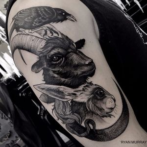 Blackwork totem animal tattoo by Ryan Murray. #RyanMurray #blackwork #dark #macabre #blackveilstudio #animals #totem #goat #rabbit #crow