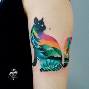 Colorful Scenery in a cat silhouette Watercolor Tattoo by Martyna Popiel @Martyna_Popiel #MartynaPopiel #Watercolor #Watercolortattoo #scenetattoo #scenery #cat