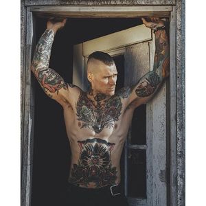 Marshall looks tough on the outside but shows a warm character in interviews Photo by The 8th Class #MarshallPerrin #tattoomodel #tattooedguys #firefighter #traditionaltattoo  #tattoododudes #The8thClass