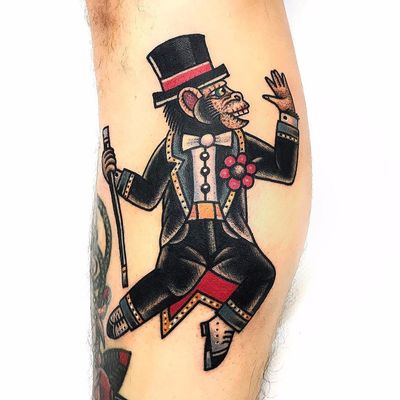 Fancy monkey suit by Dani Queipo #DaniQueipo #color #newtraditional #monkey #suit #flower #tux #tophat #cane #spats #chimp #dancing #fancy #dotwork #animal #tattoooftheday