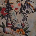 A piece of beautiful flash art by Howlin' Wolf (IG—howlinwolftattoo) that seems to say we're all destined to die. #flashart #Hispanic #ladyhead #HowlinWolf #sailor #skeleton #traditional