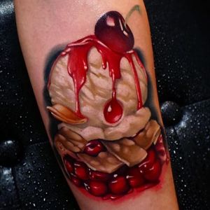 Cherry pie a la mode rubber ducky tattoo by Steven Compton. #newschool #rubberduck #StevenCompton #rubberducky #cherry #pie