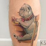 Poker playin pup tattoo by Kate SV #KateSV #cooltattoos #color #realism #realistic #painterly #bulldog #dog #poker #cards #gambling #chips #glass #whiskey #drink #clubs #game #play #smoking #tattoooftheday