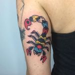 Awesome traditional scorpion tattoo by Damn Zippy #color #bold #traditional #scorpion #damnzippy
