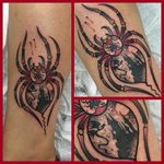 Spider and Castle Silhouette Tattoo by Rick Moreno #RickMoreno #SlickRick #Traditional #Neotraditional #ElectricChairTattoo #Spider #Castle