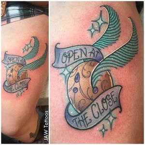 Harry Potter tattoo by Jessica White. #JessicaWhite #jawtattoos #neotraditional #harrypotter #hp #book #movie #quidditch #snitch