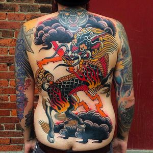 Awesome dragon horse back piece tattoo by Jon Larson @LarsonTattoos111 #JonLarson #LarsonTattoos #Neotraditional #Bright #Bold #Dragon #Horse