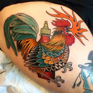 It's not just dragon that breathe fire. Tattoo by Brian Faulk. #sriracha #rooster #bird #neotraditional #BrianFaulk