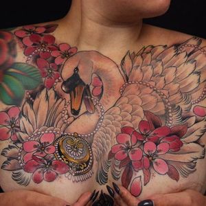 Swan & Sakura by Atony Flemming. #antonyflemming #neotraditional #swan #sakura #chestpiece