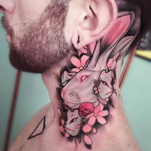 Neo-traditional albino rabbit tattoo by Brando Chiesa. #BrandoChiesa #neotraditional #albino #creature #animals #pastel #rabbit #bunny #japanese #mask #cherryblossom