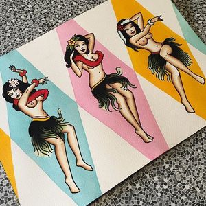 Hula Babes by Jaclyn Rehe (via IG-jaclynrehe) #americantraditional #polynesian #flash #flashart #flashfriday #color #JaclynRehe #ChapelTattoo