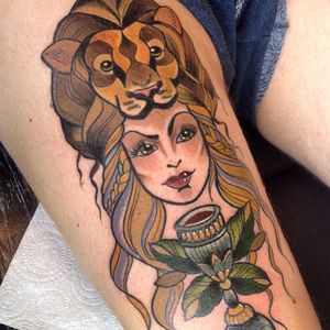 House Lannister lion headdress tattoo by Dawnii Fantana. #GOT #gameofthrones #tvshow #lion #headdress