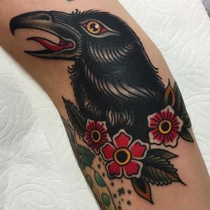 Crows Head Tattoo by Drake Sheehan #crowshead #crow #traditional #traditionalartist #oldschool #boldwillhold #DrakeSheehan
