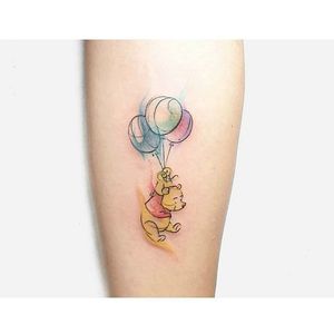 ‘Winnie the Pooh’ tattoo by Karen Ng. #microtattoo #subtle #watercolor #fineline #balloon #winniethepooh #pooh #poohbear #nostalgia #children #tvshow #cartoon #book #pastel