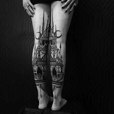 Mirrored towers and moons by Houston Patton #HoustonPatton #thievesoftower #castlebasas #castle #towers #moon #arrows #linework #blackwork #tattoooftheday