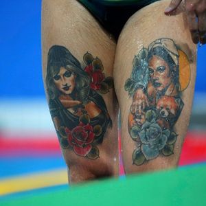 Joel Swift has some pretty women on his thighs. #rio2016 #olympics #olympictattoos #rio2016tattoos #tattooedathletes #joelswift #waterpolo