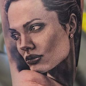 Angelina Jolie tattoo, artist unknown. #blackandgrey #actress #AngelinaJolie #portrait #celebrity