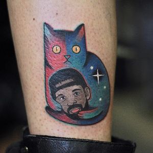 Drake + cosmic cat tattoo by David Cote. #drake #music #rapper #celebrity #fan #DavidCote #cat