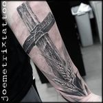 Memorial tattoo by Joe Metrix. #blackandgrey #realism #memorial #cross #JoeMetrix