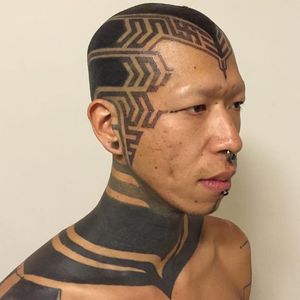 Blackwork tattoos by Kenji Alucky, photo from Kenji's Instagram @black_ink_power #geometric #blackwork #tribal #patternwork #dotwork