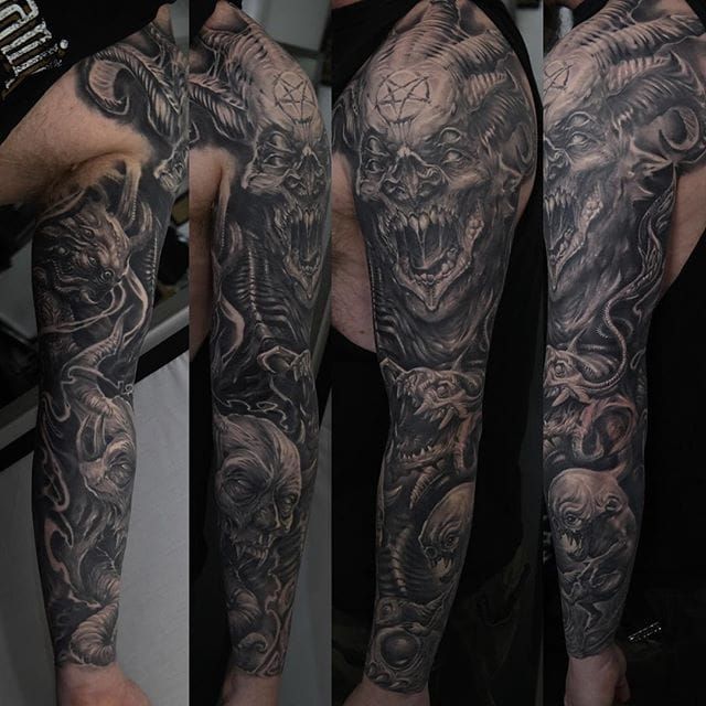 tattoo full sleeve knight angel demon good evil black grey  Full sleeve  tattoos Tattoos Sleeve tattoos