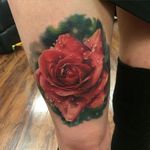 Color realistic rose covered in water droplets. Tattoo by Kyle Cotterman. #realism #colorrealism #KyleCotterman #rose #flower #waterdrops