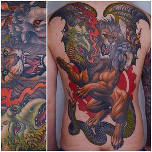 Ultimately cool back piece done by Peter Lagergren. #Backpiece #NeoTraditional #PeterLagergren