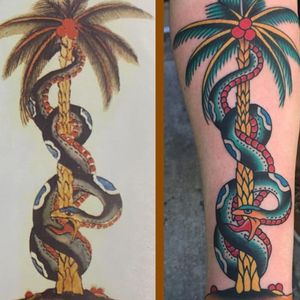A modern day version of one of Warlich's designs by Steve Byrne (IG—steve_byrne_tattoo). #ChristianWarlich #Germany #Hamburg #palmtree #snake #SteveByrne #tattoopioneer #traditional