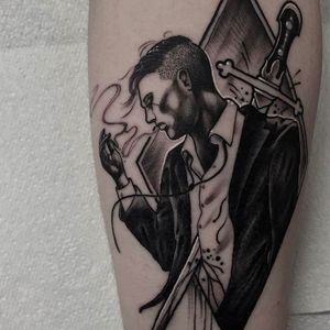 Daggered smoker tattoo by @Neil_Dransfield_Tattoo #NeilDransfieldTattoo #Black #Blackwork #Blackworkers #DarkTattoos #DarkArtists #Dagger #smoking #man #NeilDransfield