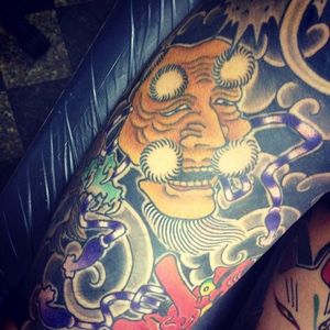 Okina Mask Tattoo, artist unknown #OkinaMask #NohMask #Japanesetattoo
