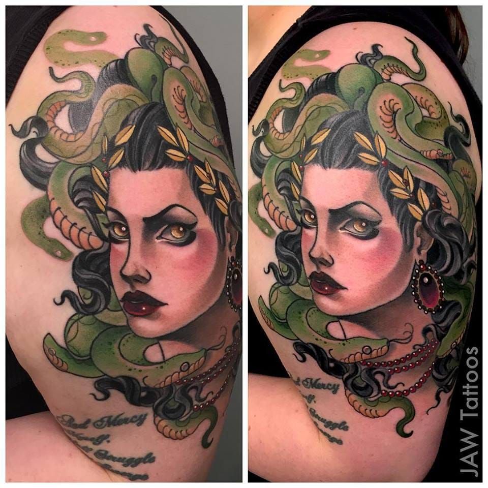 Colored Medusa Tattoo on Thigh  Medusa tattoo Medusa tattoo design Thigh  tattoos women